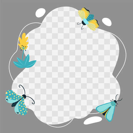 Insects, butterflies, beetles, flowers. Vector frame in the form of a spot in a flat cartoon style. Template for childrens photos, postcards, invitations.のイラスト素材