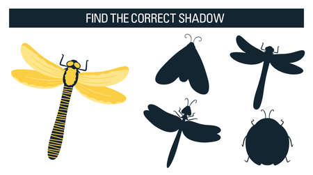 Insects, dragonfly. Find the right shadow, an educational game for kids. Vector illustration cartoon styleのイラスト素材
