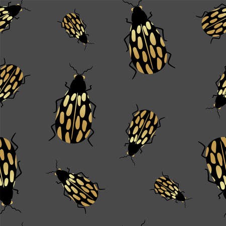 Gold and black beetles on a dark background with a seamless pattern. Vector illustration of a bug for the design of fabric, textiles, clothing, kimonos, mens shirts, packaging, wallpaper.のイラスト素材