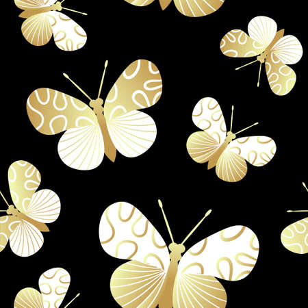 Seamless pattern of gold and black butterflies. Template for the design of trendy fabrics, home textiles, clothing, paper, wallpaper, unusual packaging, curtains. vector illustration.のイラスト素材