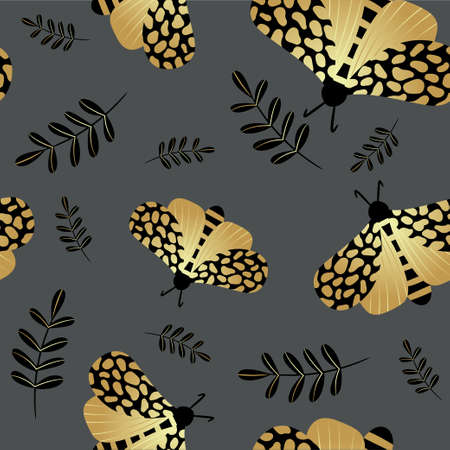 Seamless pattern of gold and black butterflies. Template for the design of trendy fabrics, home textiles, clothing, paper, wallpaper, unusual packaging, curtains. vector illustration.のイラスト素材