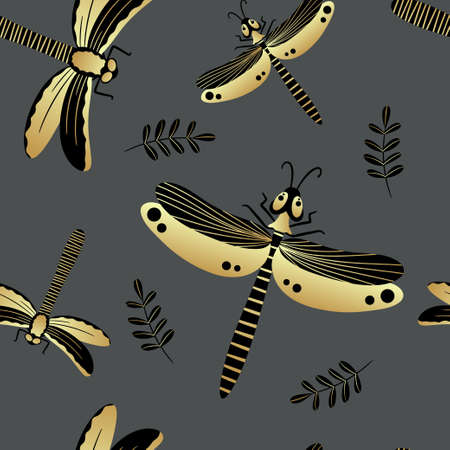 Seamless pattern of gold and black dragonflies. Template for the design of fashionable fabrics, home textiles, clothing, paper, wallpaper, unusual packaging, curtains. vector illustration.のイラスト素材
