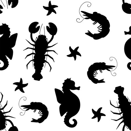 Monochrome sea pattern with black and white marine life, crayfish, shrimp, seahorses, starfish. Vector seamless pattern on a white backgroundのイラスト素材