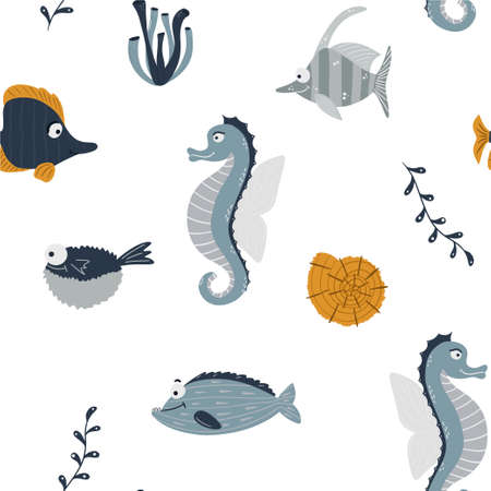 Seamless children's pattern with funny fish and sea animals. Children's texture for fabric, packaging, textiles, wallpaper, clothing. vector background.のイラスト素材