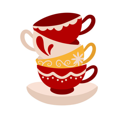 Tea cups set on saucer isolated on white backgroundのイラスト素材