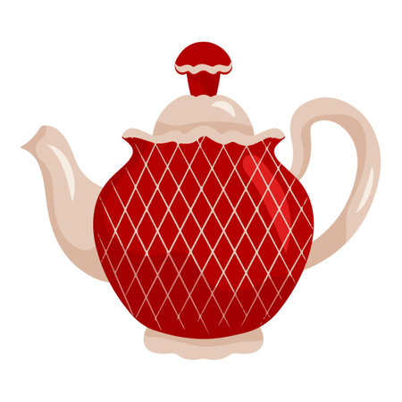 Porcelain teapot in red color, vector illustration isolated white background cartoon style.のイラスト素材