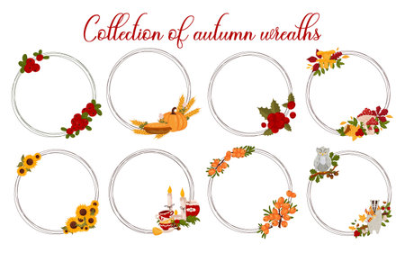 Set autumn wreaths with berries, sunflowers, mushrooms, pumpkins, forest animal elements for tea drinking and autumn leaves, with space for text. Vector illustration isolated white background.のイラスト素材