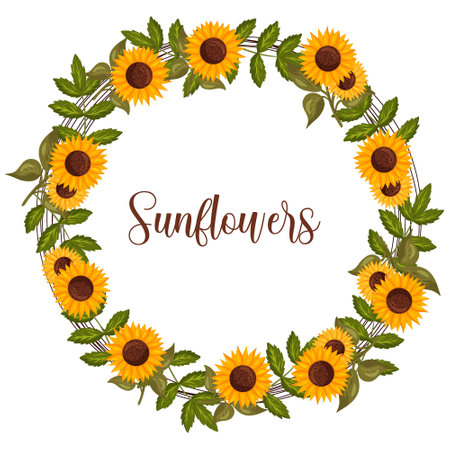 Autumn wreath with sunflowers and green leaves with space for text. Vector illustration isolated white background.のイラスト素材