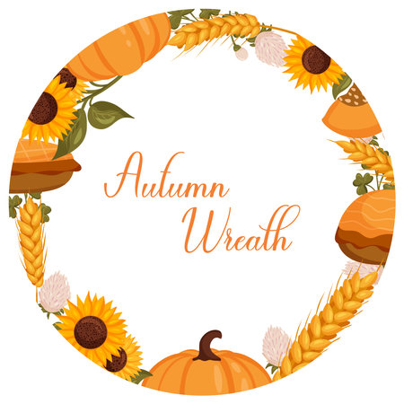 Autumn wreath with wheat, pumpkin and sunflower with space for text. Vector illustration isolated white background.のイラスト素材