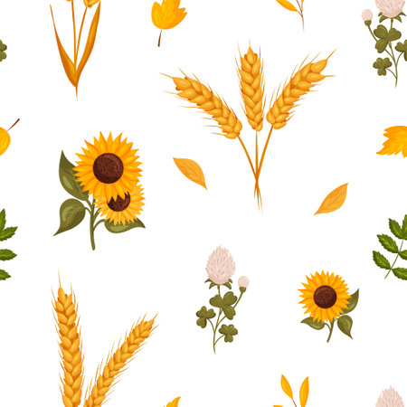 Seamless pattern of sunflowers, clover and wheat white background. Beautiful print for textiles, wallpaper, packaging cartoon styleのイラスト素材