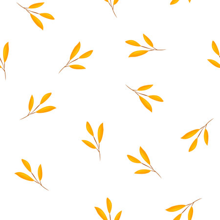 Seamless pattern of yellow leaves and branches white background. Beautiful print for textiles, wallpaper, packaging cartoon style.のイラスト素材