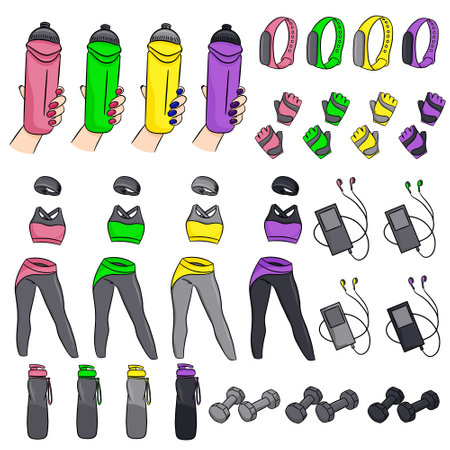Vector set of fitness accessories in cartoon style. Vector illustration isolated white background.のイラスト素材