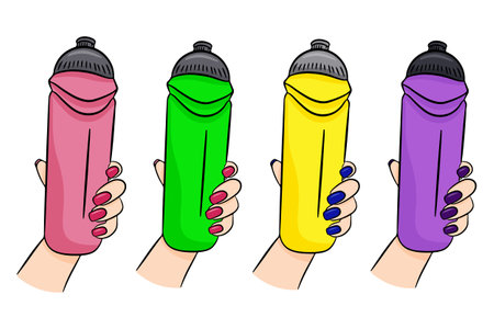 Sport plastic water bottle for fitness in hand. Isolated vector illustration. hand drawn style.のイラスト素材