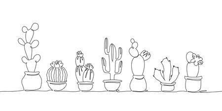 Continuous line drawing set of cacti in pots. Black and white vector illustration isolated on white backgroundのイラスト素材