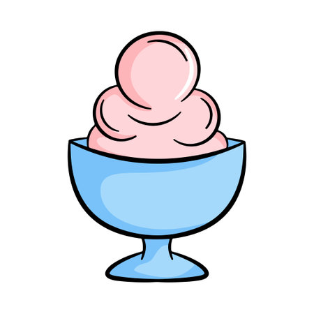 Pink ice cream balls in plate. Vector outline illustration isolated on white backgroundのイラスト素材