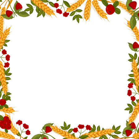 Spring square frame with raspberry cranberries and wheat branches. Summer vector borderのイラスト素材