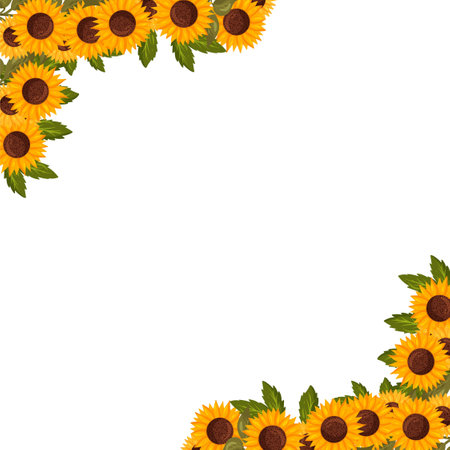 Spring square corner frame with sunflower flowers. Summer vector borderのイラスト素材