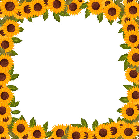 Spring square frame with sunflower flowers. Summer vector borderのイラスト素材