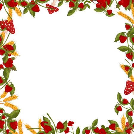 Spring square frame with raspberries, cranberries, mushrooms, fly agarics and wheat branches. Summer vector borderのイラスト素材
