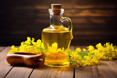 Bottle of rapeseed oil and canola flowers against a beautiful summer outdoor landscape. AI generated.の素材