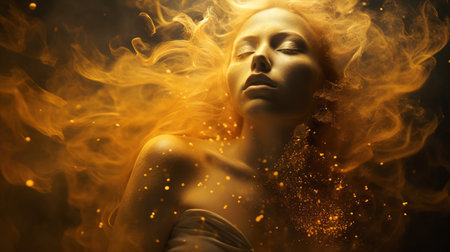 Woman skin and face adorned with bright golden glitter, a beautiful sexy and sensual model. Shiny metallic gleam, golden hair. AI generative.の素材