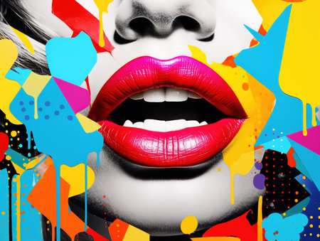 Women lips pop art style. Modern design, contemporary art college. AI generative.の素材