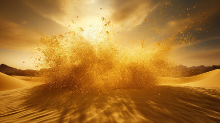 Splash of golden yellow sand into the air. Explosive wave of golden grains and particles. AI generative.の素材