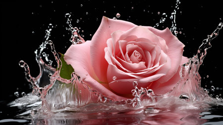 Pink rose with water splash and drops on a dark background. Close-up. AI generative.の素材