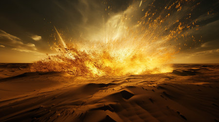 Splash of golden yellow sand into the air. Explosive wave of golden grains and particles. AI generative.の素材