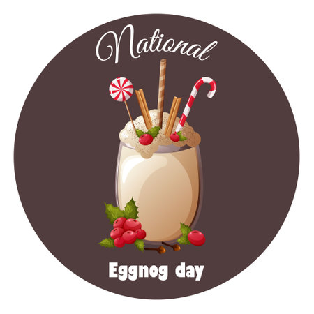 National eggnog day. Glass of eggnog with cinnamon sticks, cloves, lollipops and berries. Vector illustration isolated on white background, cartoon styleのイラスト素材