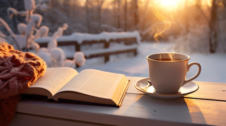Cozy winter composition with an open book and a cup of coffee on a wooden windowsill. Winter snowy landscape.の素材
