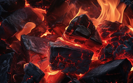 Smoldering red hot coals. Burning charcoal close-up. Firebrands in a bonfire.の素材