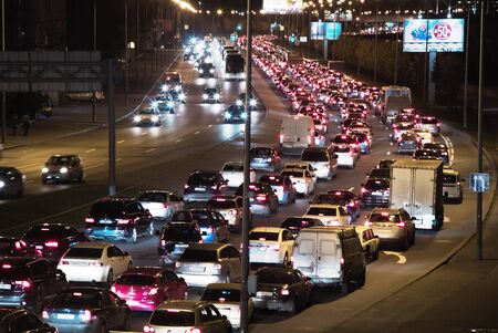 Traffic jam on Neva embankment in Saint Petersburg in the nightのeditorial素材
