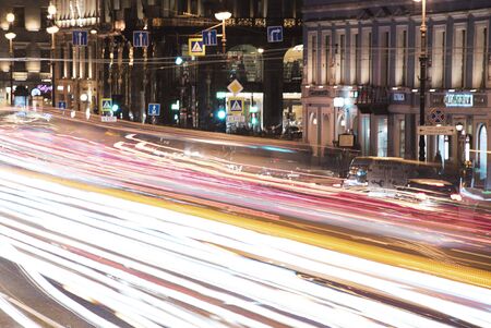 Night traffic on Nevsky prospect in Saint Petersburg in the nightのeditorial素材