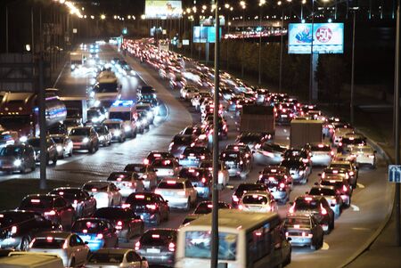 Traffic jam on Neva embankment in Saint Petersburg in the nightのeditorial素材