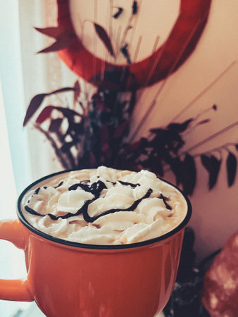 Fall things, pumpkins, hot chocolate and balloons.の写真素材
