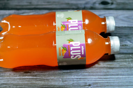 Cairo, Egypt, July 29 2023: Mirinda Plus tangerine soda with a punch of juice , a brand of soft...