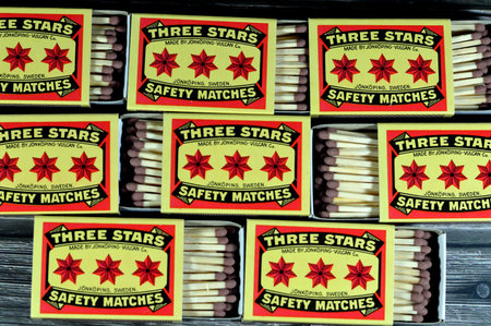 Cairo, Egypt, June 12 2023: Three stars safety matches Jonkoping Vulcan Company Sweden, Matchstick, a match is a tool for starting a fire, matches made of small wooden sticks or stiff paperのeditorial素材