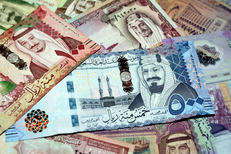 Saudi Arabia riyals money banknotes collection of different times and values feature portraits of Al...