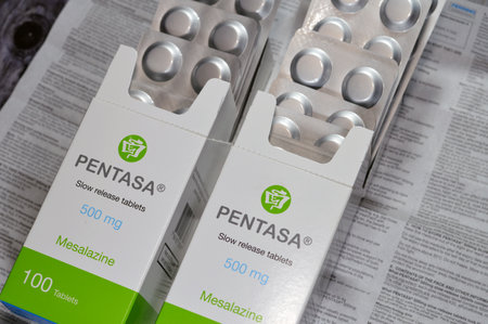 Cairo, Egypt, September 4 2023: Pentasa 500mg slow release tablets, Mesalazine, used in treatment of ulcerative colitis, by Ferring Pharmaceuticals, a Swiss multinational biopharmaceutical companyのeditorial素材