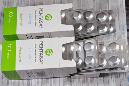 Cairo, Egypt, September 4 2023: Pentasa 500mg slow release tablets, Mesalazine, used in treatment of ulcerative colitis, by Ferring Pharmaceuticals, a Swiss multinational biopharmaceutical companyのeditorial素材