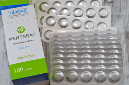 Cairo, Egypt, September 4 2023: Pentasa 500mg slow release tablets, Mesalazine, used in treatment of ulcerative colitis, by Ferring Pharmaceuticals, a Swiss multinational biopharmaceutical companyのeditorial素材