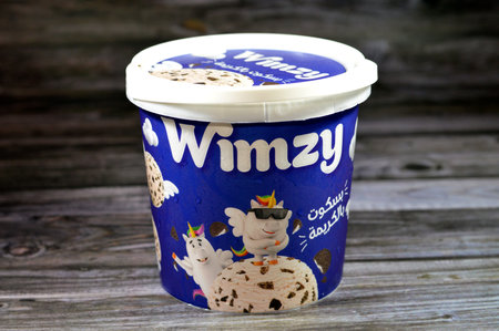 Cairo, Egypt, September 9 2023: Wimzy Ice cream biscuit creamy, frozen ice cream, confectionery and summertime concept, Wimzy biscuit cream, selective focusのeditorial素材