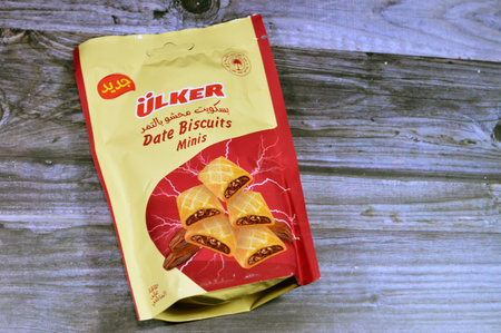 Cairo, Egypt, September 11 2023: Ulker date biscuits minis, Ulker Tamr Date Biscuits is made with pure butter and date, nutritious snack, real dates in crunchy and delicious biscuits, selective focusのeditorial素材