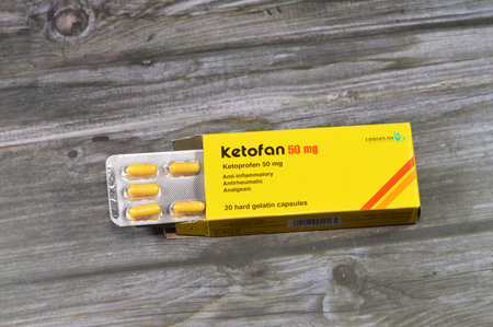 Cairo, Egypt, September 13 2023: Ketofan Ketoprofen 50mg capsules, an analgesic, anti inflammatory and anti pyretic, non Steroidal NSAID, by European Pharmaceutical, for headache and pain reliefのeditorial素材