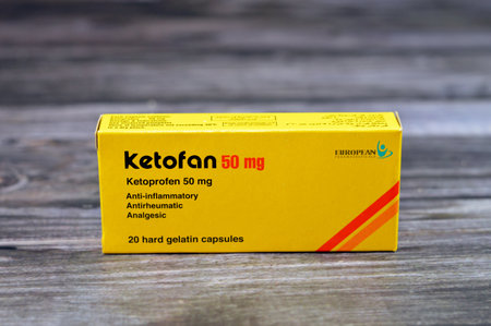 Cairo, Egypt, September 13 2023: Ketofan Ketoprofen 50mg capsules, an analgesic, anti inflammatory and anti pyretic, non Steroidal NSAID, by European Pharmaceutical, for headache and pain reliefのeditorial素材