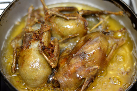Frying and roasting pigeons stuffed with white rice or Hamam mahshi, boiled until cooked then roasted, fried in hot oil or grilled, stuffed pigeons is a very popular Egyptian cuisine in Egyptの写真素材