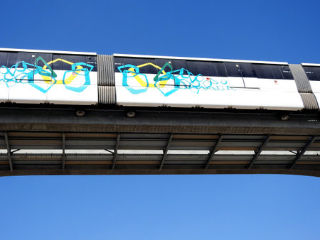 Cairo, Egypt, September 28 2023: installation of Egypt monorail vehicle on its track by a crane, Cairo monorail is a two-line mono rail rapid transit system currently under construction in Cairoのeditorial素材