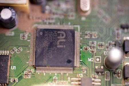 Cairo, Egypt, October 24 2023: Chaparral Home Satellite TV Receiver, interiors of a satellite receiver with the power board and main board, maintenance concept, fixing power supply electronic circuitの写真素材