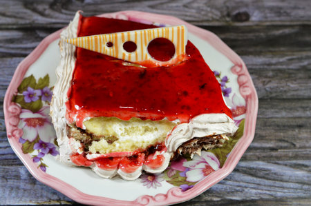 A quarter of a spongy creamy cake for celebrations topped with berries layer, cream, Berries,...